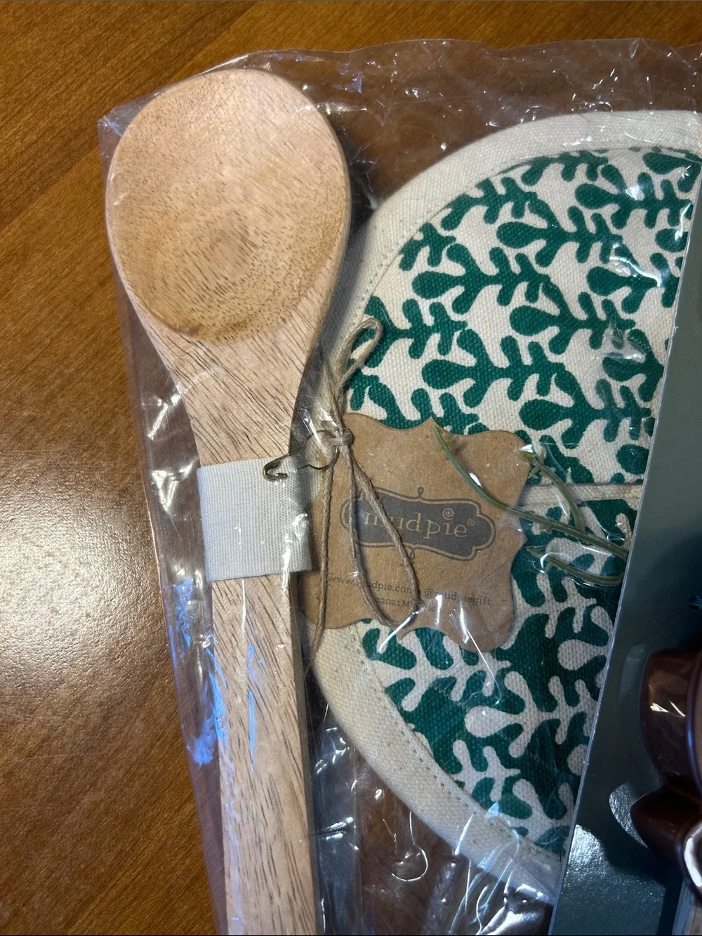 Baking Set with Green Patterned Pot Holder and Wooden Spoon